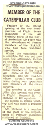 News article, Caterpillar Club and member, former F/Sgt M.J.Hibberd, Innisfail newspaper late 1960s. (ex 462 Squadron)